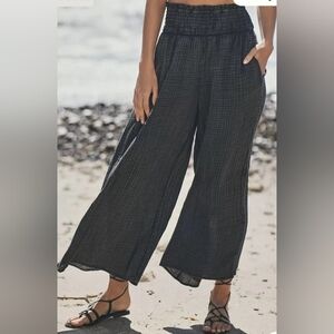 Anthropologie 100% Cotton Wide-Leg Black Plaid Pants Size L